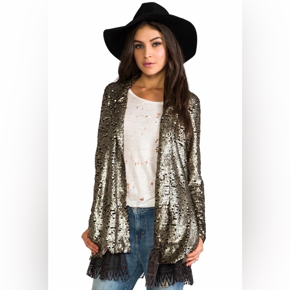 Free People Womans Cardigan Sequin Lace Jacket Size XS Gold